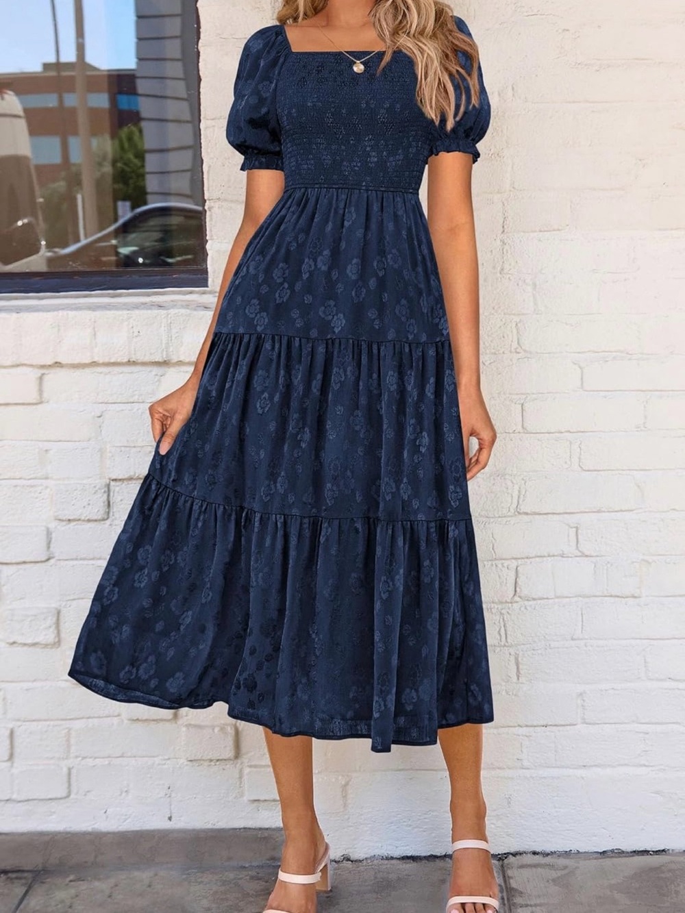 Smocked Floral Jacquard Square-Neck Navy Midi Dress with Puff Sleeves